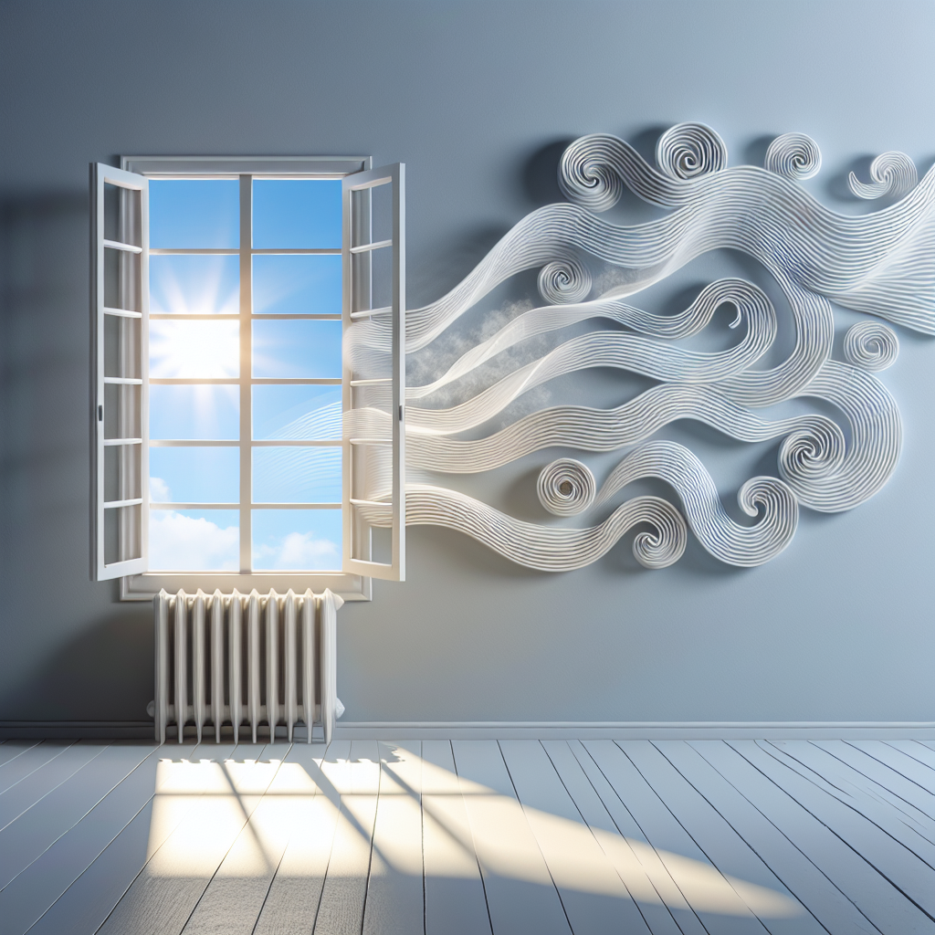 A modern, minimalist room with freshly painted light grey walls. Subtle, translucent wisps of unpleasant paint odor are visibly emanating from the walls, swirling gently in the air. Through a wide-open window, bright, clean air and warm sunlight stream into the room, creating a strong visual contrast between the lingering odor and the desired freshness. Realistic style, slightly conceptual to visualize the smell.