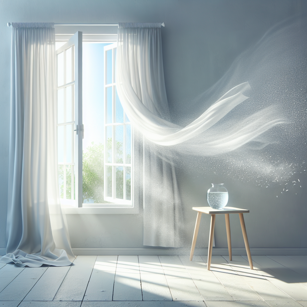 A bright, airy room with freshly painted walls. A large window is wide open, with sheer white curtains billowing dramatically inwards from a strong, refreshing breeze. Sunlight streams into the room, illuminating dust motes and creating a powerful sense of clean, circulating air. On a small, light-colored table near the window, a simple glass bowl filled with a clear liquid (representing a natural odor absorber) is placed. Realistic photography style, emphasizing freshness and light.
