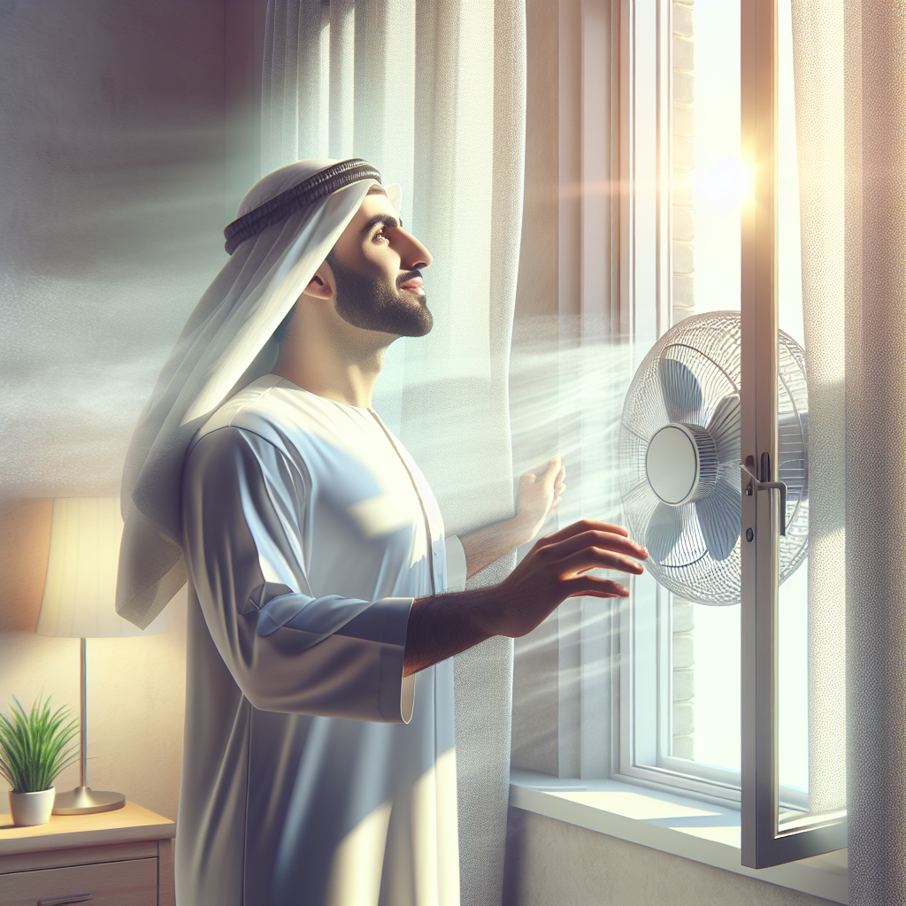 A person, looking slightly relieved, opens a wide window in a brightly lit, freshly painted room. A gentle breeze billows sheer curtains, and a stand fan in the corner helps circulate the air, symbolizing the quick dissipation of paint fumes. Realistic photo, bright and clean aesthetic.