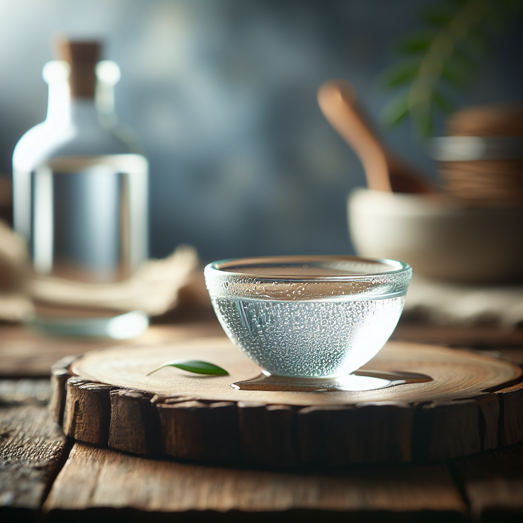 A close-up shot of a small, elegant bowl filled with clear white vinegar, placed on a simple wooden surface. In the soft-focus background, a subtly newly painted wall is visible. The scene evokes a sense of natural purification and a fresh, clean atmosphere, highlighting a home remedy. Studio quality, realistic photography.