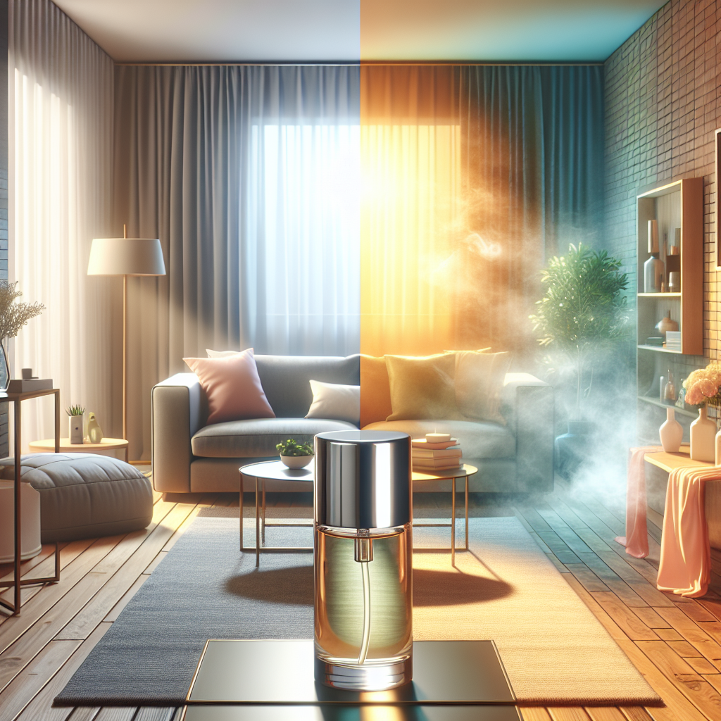 A comfortable, modern living room. On one side, the air appears slightly stale or hazy, representing an unpleasant odor, with a subtle visual cue like muted colors. On the other side, the air is visibly fresh, bright, and clear, with vibrant colors. A stylish bottle of Febreze stands on a clean surface, acting as the catalyst for this transformation. High-quality realistic photo, clean aesthetic, natural light.