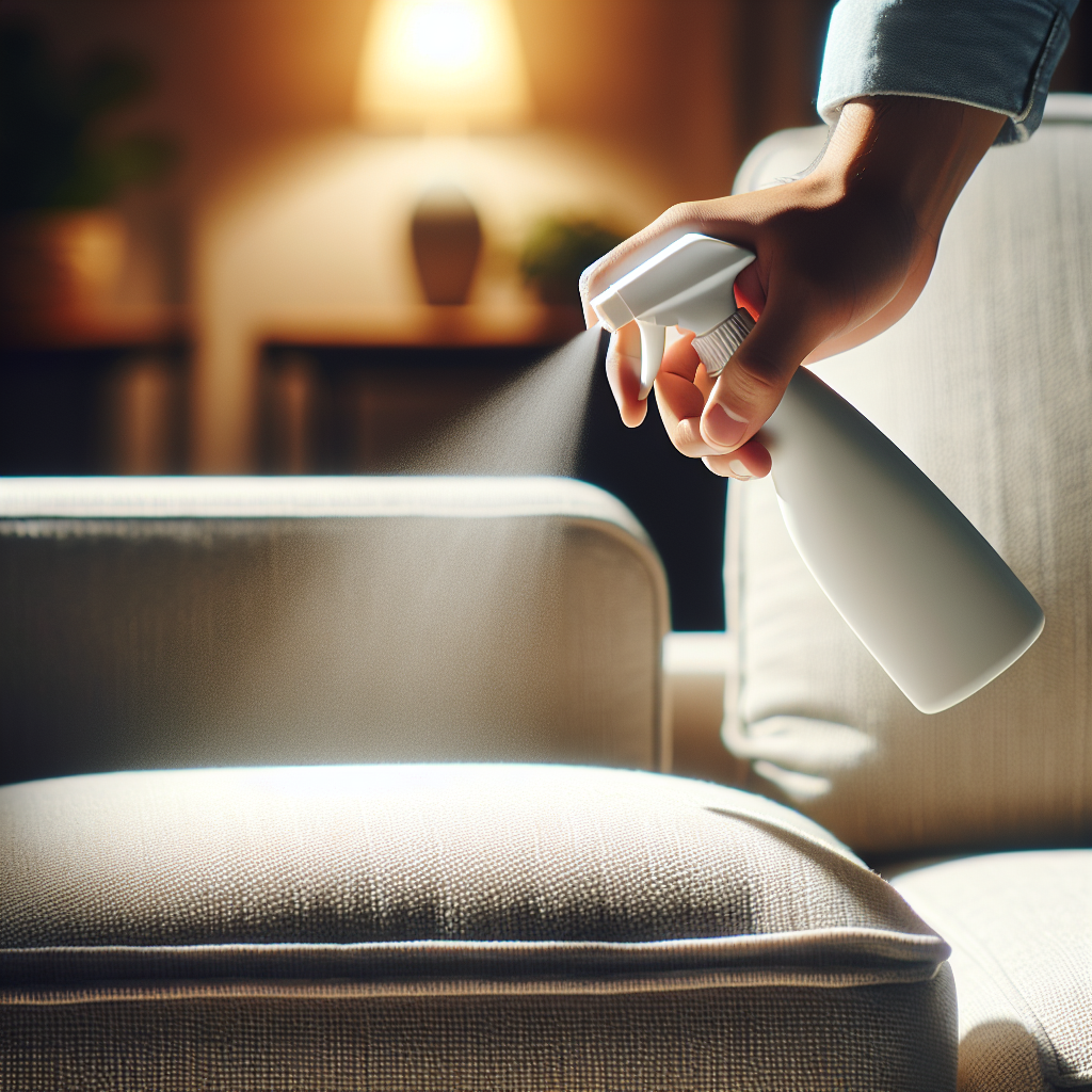 Close-up of a hand holding a modern Febreze spray bottle, actively spraying a fine mist onto a plush, light-colored fabric sofa in a sunlit living room. The background is slightly blurred, highlighting the action and the sofa. The scene evokes a sense of immediate freshness and cleanliness. Realistic photograph, bright and inviting tones, natural lighting.