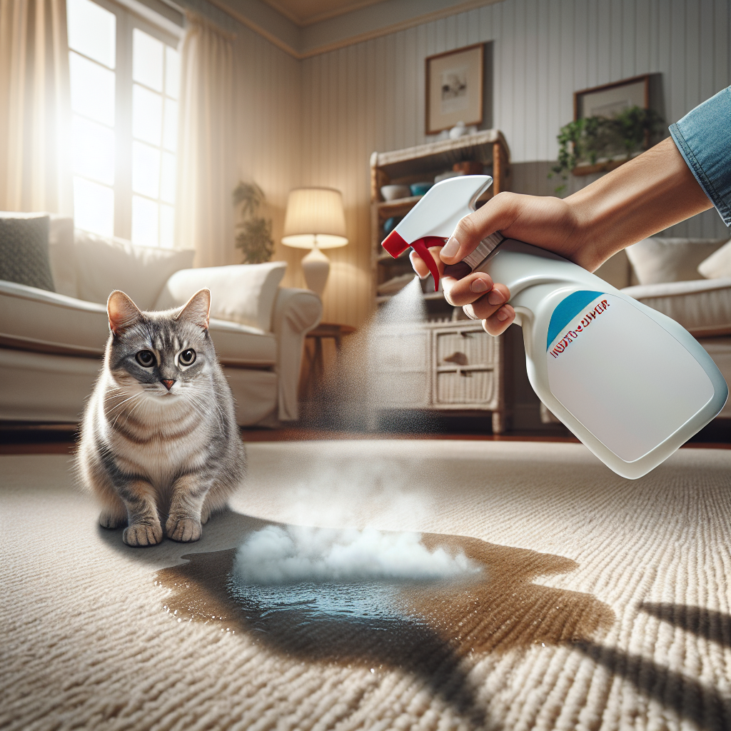 A cozy living room with a cat sitting innocently near a small, barely visible wet spot on a light-colored carpet. A person's hand is holding a Febreze spray bottle, actively spraying the spot with a fine mist. The atmosphere conveys a sense of quick action against an unpleasant odor, with soft, natural lighting. Realistic, high-quality photograph.