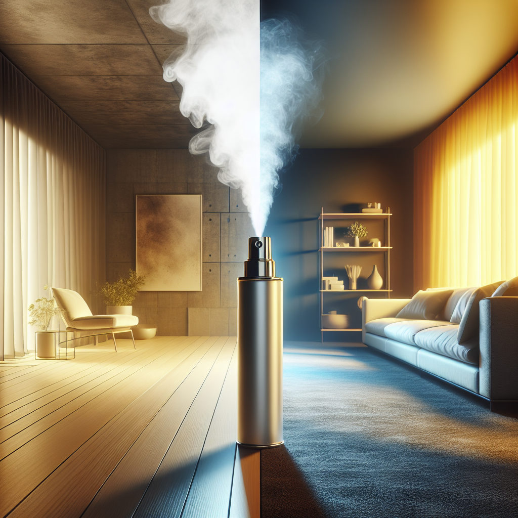 A modern, well-lit living room scene with a subtle split or visual transition. One side shows a faint, yellowish haze and slightly dull textiles (e.g., a sofa or curtains), symbolizing lingering nicotine smoke. The other side is visibly clearer, with vibrant colors and a sense of freshness, featuring a sleek Febreze spray bottle in the foreground, emitting a clean, refreshing mist that visually neutralizes the haze. Realistic style, high resolution, soft lighting.