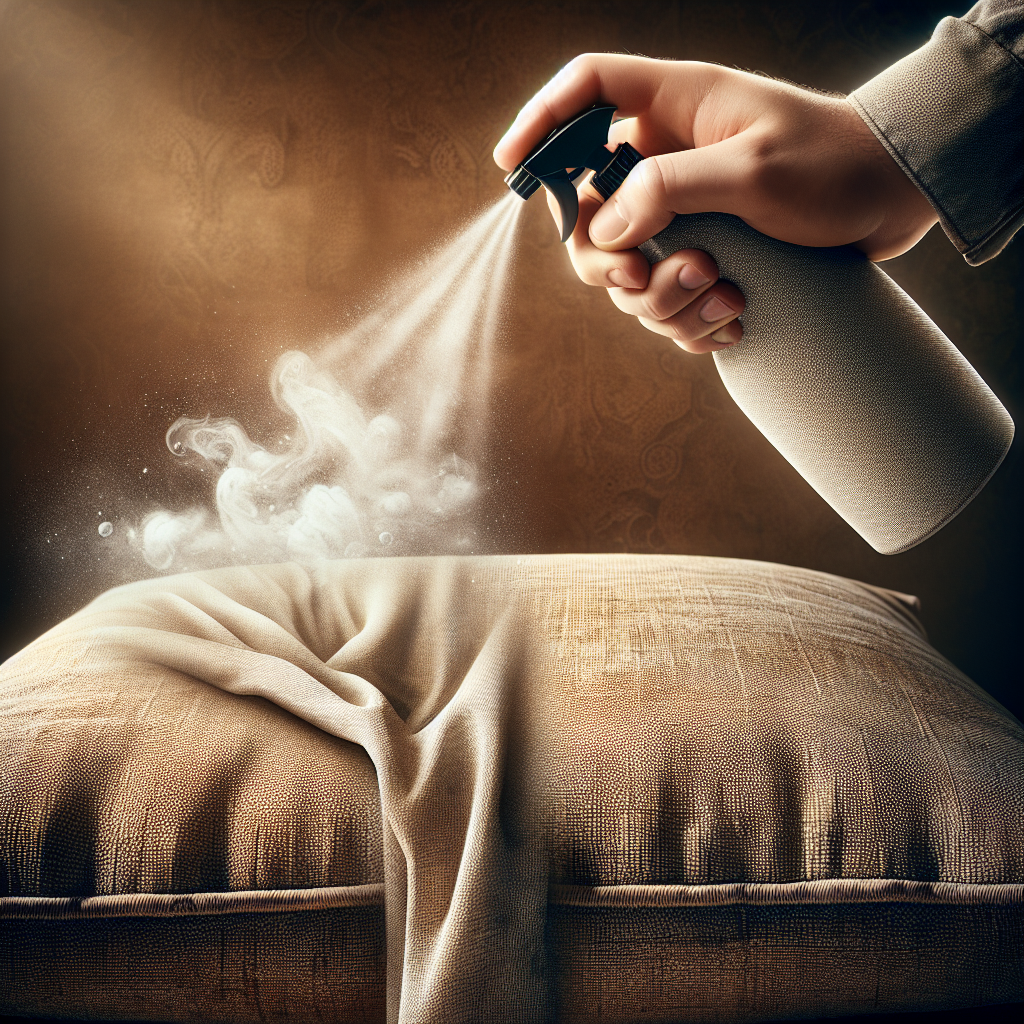 Close-up shot of a hand holding a Febreze spray bottle, actively spraying a textured fabric surface, such as a sofa cushion or curtain. The fabric initially appears slightly subdued or discolored in a subtle way, indicating embedded smoke odor. As the Febreze mist makes contact, a visual effect shows the fabric instantly brightening, appearing cleaner and refreshed, symbolizing the neutralization of nicotine smell. The background is a blurred, warm home interior. Realistic, detailed, focus on the fabric transformation.