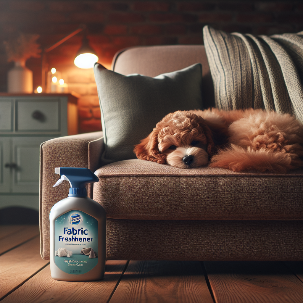 A cozy indoor scene with a cute dog curled up on a soft sofa. Next to the sofa, a bottle of Febreze Textilerfrischer is prominently displayed, symbolizing the solution for pet odors. The overall mood should be warm and inviting, hinting at freshness and cleanliness.