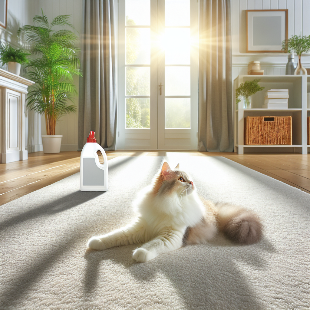 A bright, airy living room with a fluffy cat stretching gracefully on a clean, fresh-smelling carpet. Sunlight fills the room through a window, and a subtle visual representation of fresh air or a pleasant scent emanates from the textile. The Febreze Textilerfrischer bottle is subtly visible in the background on a shelf, symbolizing the source of this freshness.