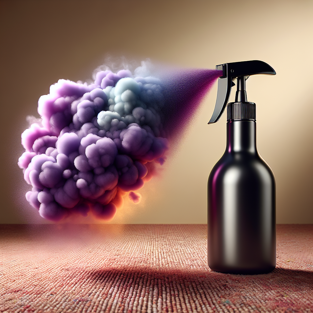 A modern, clean image of a Febreze spray bottle in action, emitting a fresh, bright mist. This mist is actively dissolving or neutralizing an abstract, subtle dark purple cloud representing unpleasant urine odor, which hovers above a soft, textured living room carpet. The scene should convey a sense of transformation from bad odor to freshness, with warm, inviting lighting. Realistic photo, clean aesthetic.