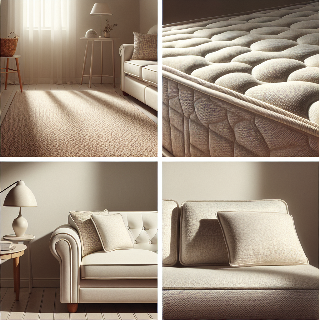 A collection of vignettes or a creative collage showing common household items susceptible to unpleasant odors: a corner of a beige living room carpet, a section of a white mattress, and a close-up of an upholstered sofa cushion. Each item subtly emanates a faint, almost invisible wisp of a neutral grey color, implying an underlying odor problem without showing any explicit stains or unsanitary details. The overall image should be clean, bright, and slightly artistic, focusing on the problem areas in a domestic setting.