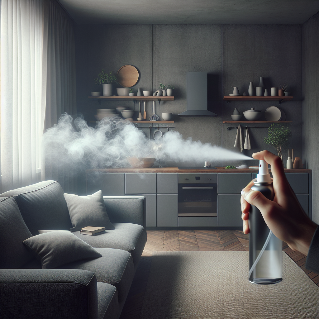 A modern kitchen scene with a subtle, lingering wisp of smoke near a kitchen curtain or a sofa, suggesting a recent minor cooking mishap. A hand holds a Febreze spray bottle, releasing a fresh, clean mist that visually disperses and replaces the faint smoky air. The overall atmosphere should convey a sense of relief and cleanliness returning. Realistic, domestic setting.