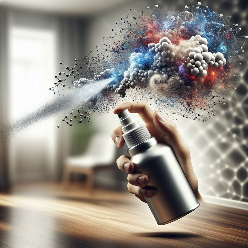 A conceptual, close-up image of a Febreze spray bottle emitting a dynamic, powerful mist. Within the mist, abstract molecular shapes are visually shown actively encapsulating and neutralizing dark, swirling smoke particles. The background is a soft, blurred representation of a residential interior, emphasizing the scientific action of Febreze against stubborn odors. Dynamic and clean aesthetic.