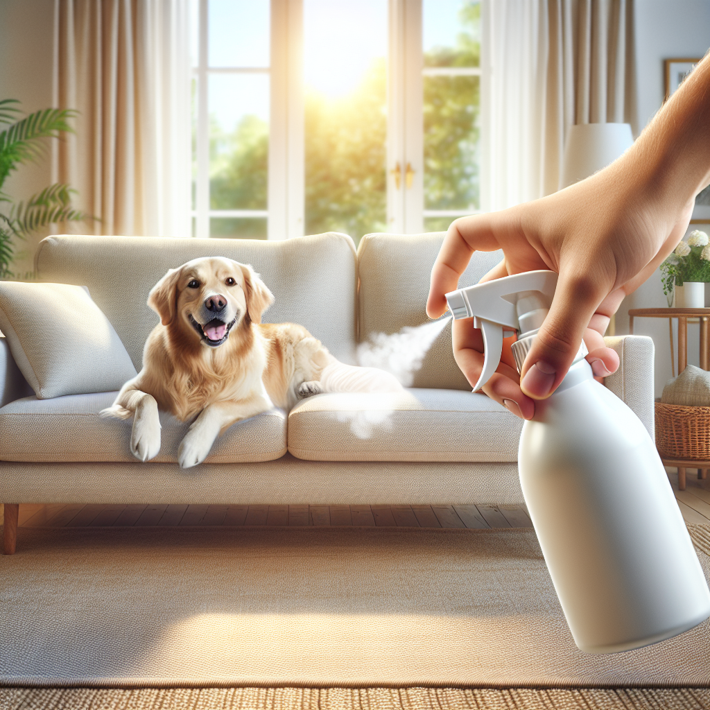 A bright, inviting living room interior. A happy, medium-sized dog (e.g., a Golden Retriever) is relaxing comfortably on a clean, light-colored sofa. In the foreground, a hand holds a Febreze spray bottle, aiming it subtly towards the fabric. The overall atmosphere is fresh and clean, with soft natural light, conveying a sense of a home free from pet odors. Realistic, warm photographic style.