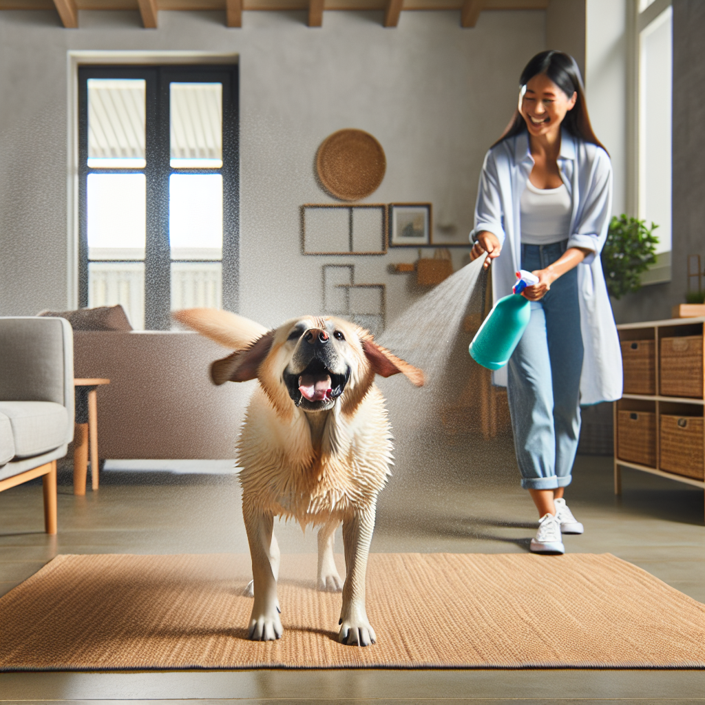 A cheerful, slightly damp dog (e.g., a playful Labrador) shakes off a bit of water after a walk, standing near a rug in a modern home entrance or living room. In the background, a person is holding a Febreze spray bottle, ready to apply it to textiles to neutralize potential odors. The scene should convey a sense of managing common pet challenges with a focus on a fresh, clean home. Dynamic, realistic photography.