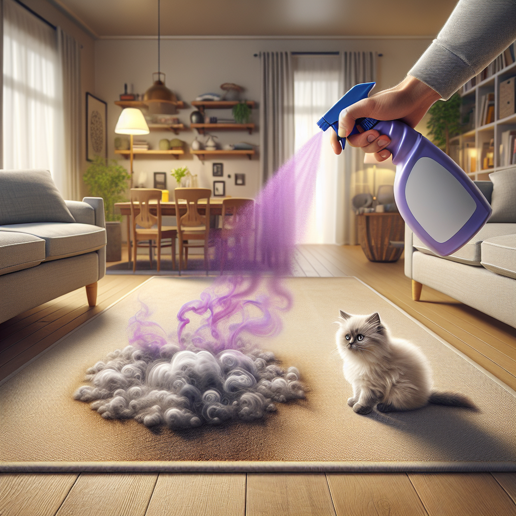 A photorealistic image from a slightly elevated perspective of a cozy living room. A cute, fluffy cat sits innocently next to a small, almost invisible wet spot on a light beige carpet. Above the spot, a stylized, faint purple cloud with wavy lines symbolizes a bad odor. A human hand, holding a Febreze spray bottle, is actively spraying towards the spot. Where the spray hits, the purple odor cloud is visibly dissipating and transforming into sparkling, clean air. Soft, natural lighting. Focus on the transformation from odor to freshness.