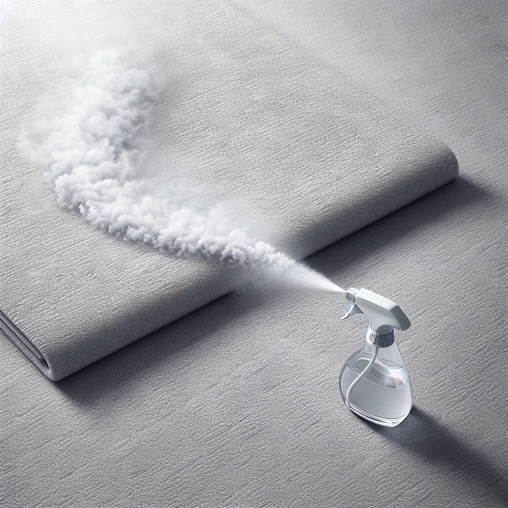 A close-up, top-down, photorealistic shot of a plush, light grey carpet. On one side, a subtle, slightly darker patch on the carpet emits a faint, abstract, swirling grey vapor, visually representing a persistent unpleasant odor from cat urine. Next to it, a modern Febreze spray bottle is positioned. A stream of clear, sparkling mist emanates from the Febreze bottle, actively pushing back and dissolving the grey odor vapor, leaving a pristine, clean carpet surface behind it. Bright, clean aesthetic, emphasizing neutralization.