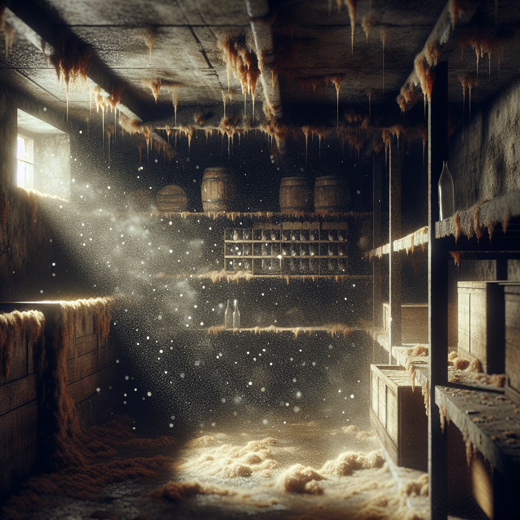 A dimly lit, damp cellar interior with visible signs of mildew on concrete walls and old wooden shelves. The air is heavy and appears musty, creating a visually unpleasant atmosphere. Dust particles are suspended in the stagnant air, emphasizing the problem of cellar smell. Realistic photography style.