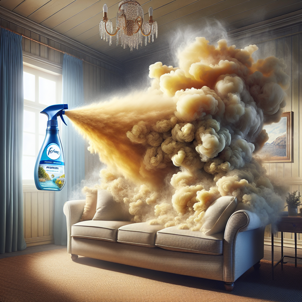 A Febreze spray bottle actively battling a dense cloud of yellow-brown cigarette smoke and nicotine residue engulfing a fabric couch and curtains in a cozy living room. The Febreze mist is bright and clean, visibly pushing back against the dark, clinging smoke, illustrating a struggle for freshness. Realistic, detailed, indoor setting with a sense of action.