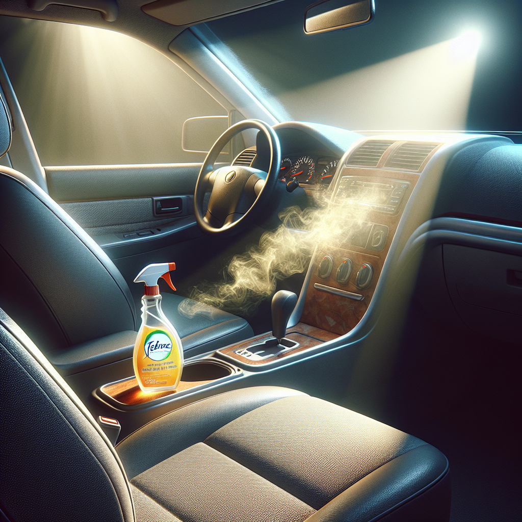 A seemingly clean and fresh car interior, with sunlight streaming through the window, and a Febreze spray bottle resting subtly on the passenger seat. However, a faint, almost invisible wisp of yellow-tinged smoke subtly clings to the air near the upholstery and dashboard, suggesting a lingering nicotine smell despite the initial freshness. Realistic, soft lighting, focus on a subtle contradiction.