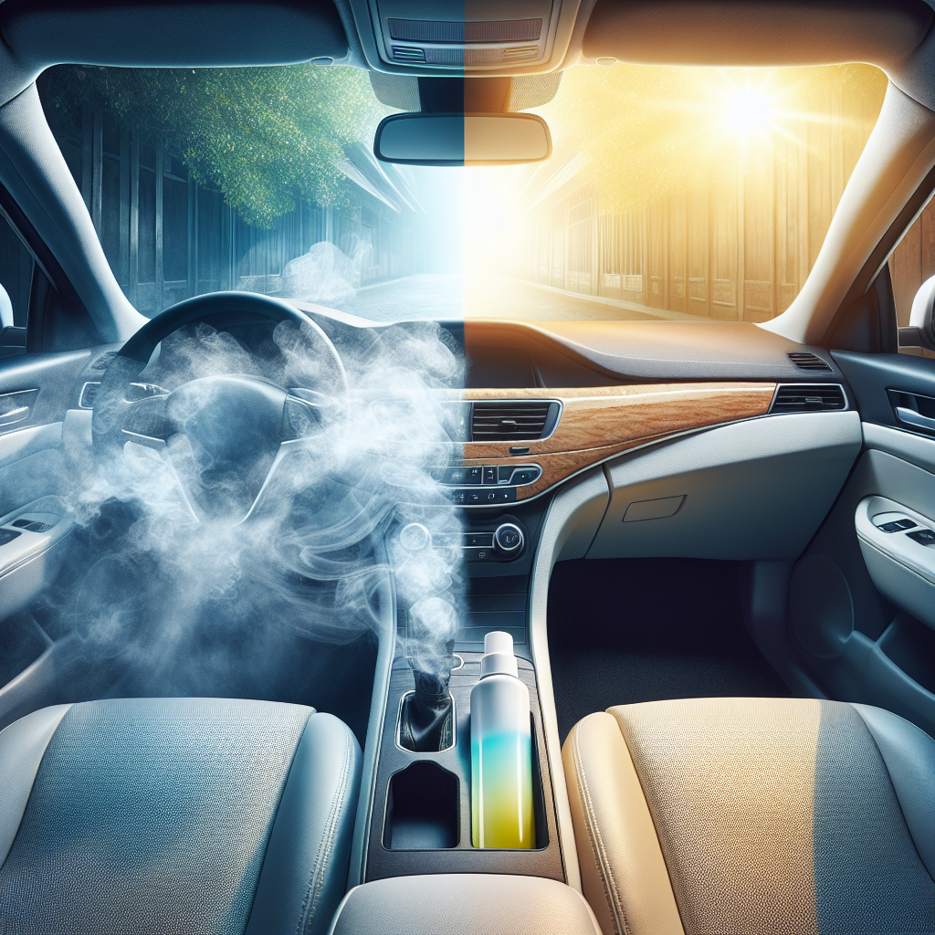 A split image of a car interior. On one side, a faint, almost visible yellowish haze subtly clings to the fabric seats and dashboard, symbolizing persistent nicotine smoke odor. On the other side, or flowing into it, the air is visibly fresh and clean, with a gentle, clear mist (like a Febreze spray) actively dissolving the haze. A modern Febreze bottle is subtly visible in the fresh half, representing the solution. Bright and clean lighting.