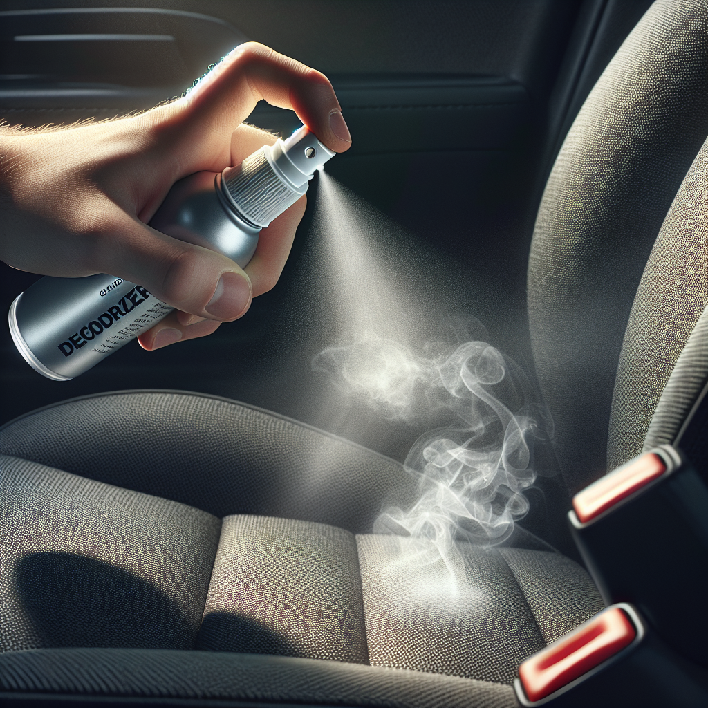 A detailed close-up shot inside a car interior, showing a hand holding a Febreze spray bottle actively spraying mist onto a fabric car seat. Faint, almost imperceptible smoke particles subtly linger in the air around the seat, indicating the presence of odor being addressed. The focus is on the Febreze bottle and the act of neutralization.
