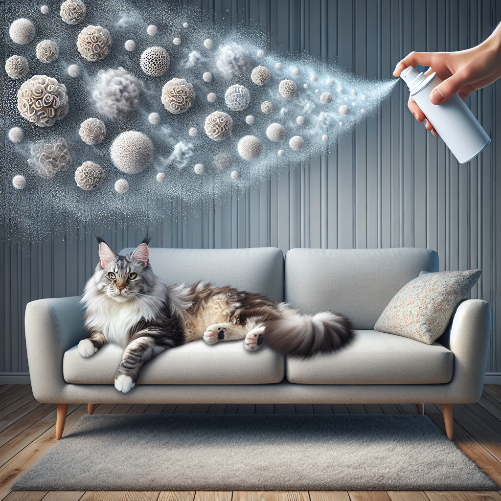 A warm and inviting living room with a playful cat (e.g., a Maine Coon or Tabby) lounging on a soft, light-colored sofa. Above the sofa, a subtle, stylized cloud of abstract, unpleasant 'odor' molecules is visible, depicted as small, swirling grey particles. A hand is gently spraying a Febreze bottle towards this cloud, and some of the odor particles are visibly dissolving or being captured, creating a sense of freshness and neutralization. Realistic photography style, soft lighting.