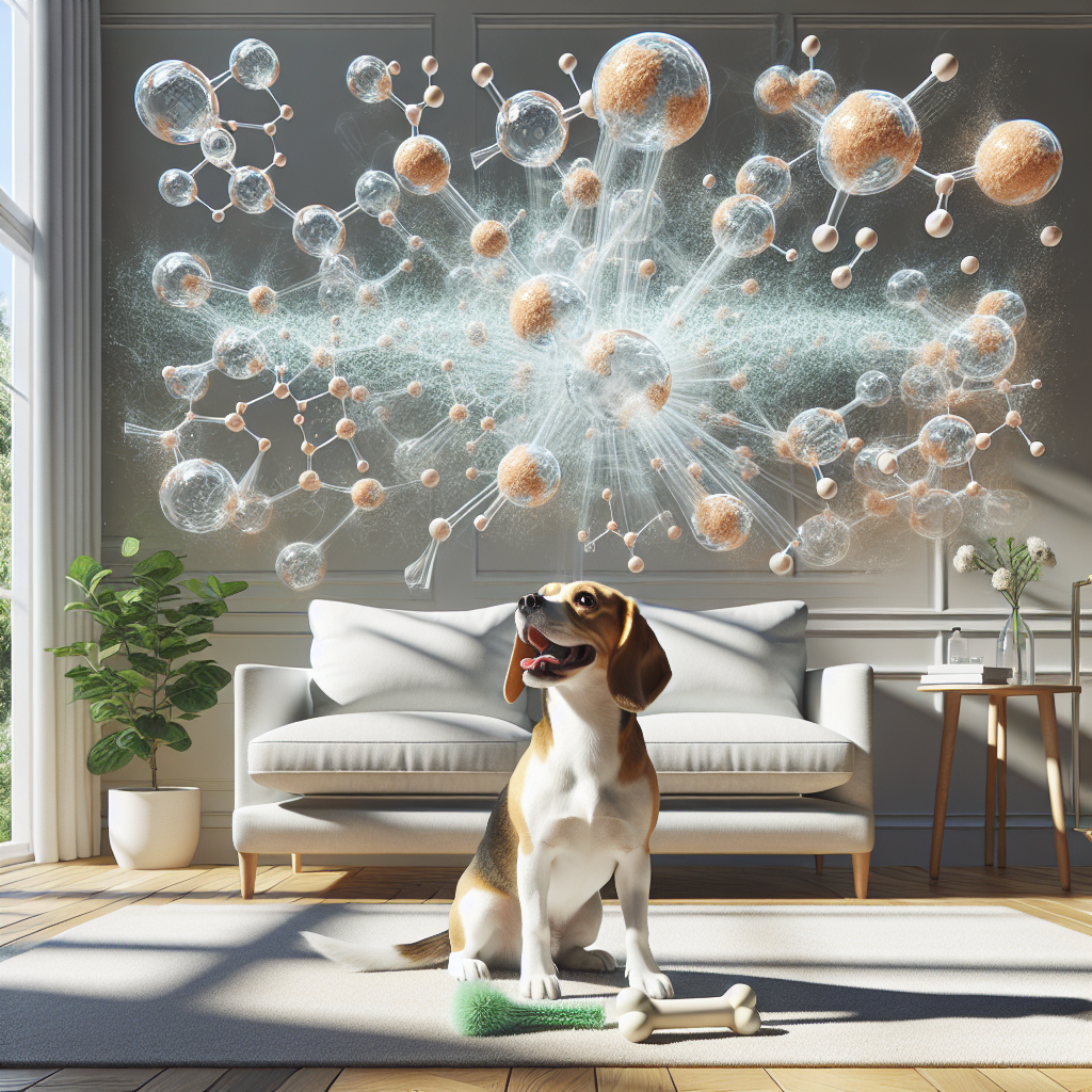 A serene and immaculately clean living room bathed in natural light, featuring a happy, well-groomed Beagle dog playfully interacting with a chew toy on a clean, light-colored rug. There are no visible signs of pet odor. In the background, subtly overlaid as a transparent layer, an abstract scientific visualization shows detailed cyclodextrin molecules (represented as complex rings) actively encapsulating and neutralizing various stylized odor molecules. The image conveys cleanliness, pet happiness, and scientific effectiveness. Photorealistic, soft focus on the background overlay.