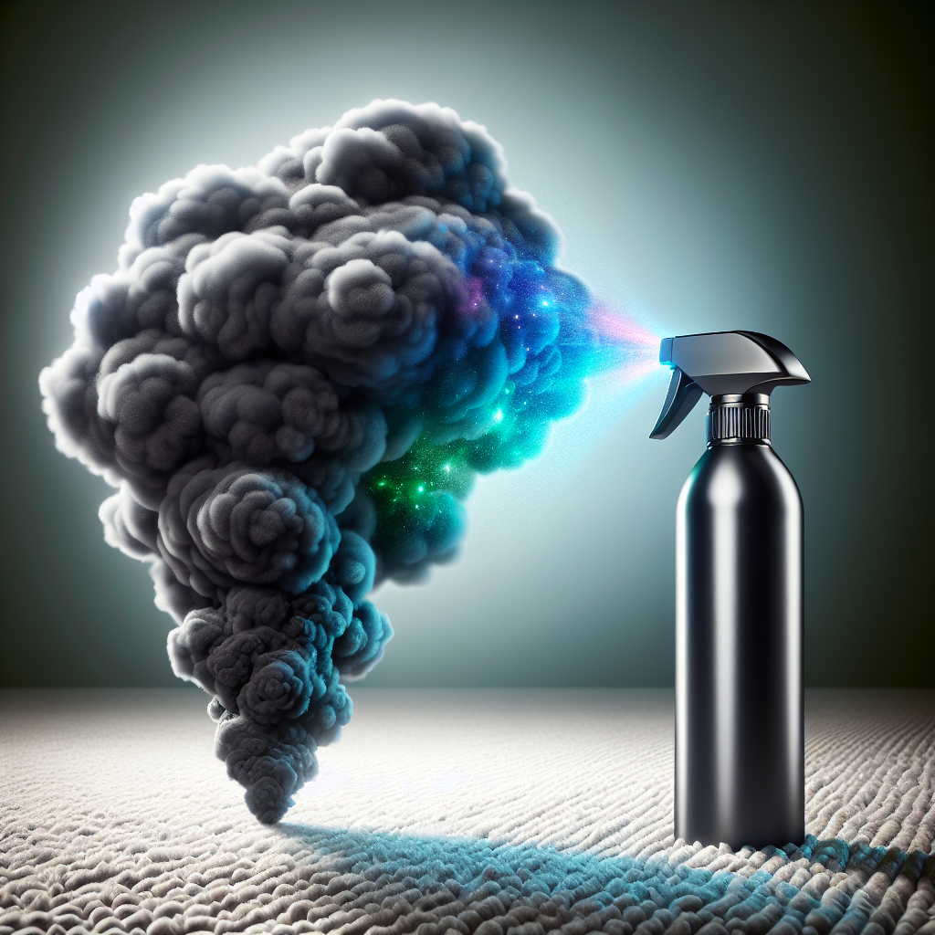 A sleek, modern fabric refresher spray bottle, reminiscent of Febreze, emitting a vibrant, sparkling mist. This mist is actively neutralizing a swirling, dark cloud representing unpleasant odor (like stylized urine smell) hovering over a section of a plush, clean carpet. The scene has a dynamic, conceptual art style, emphasizing the transition from odor to freshness.