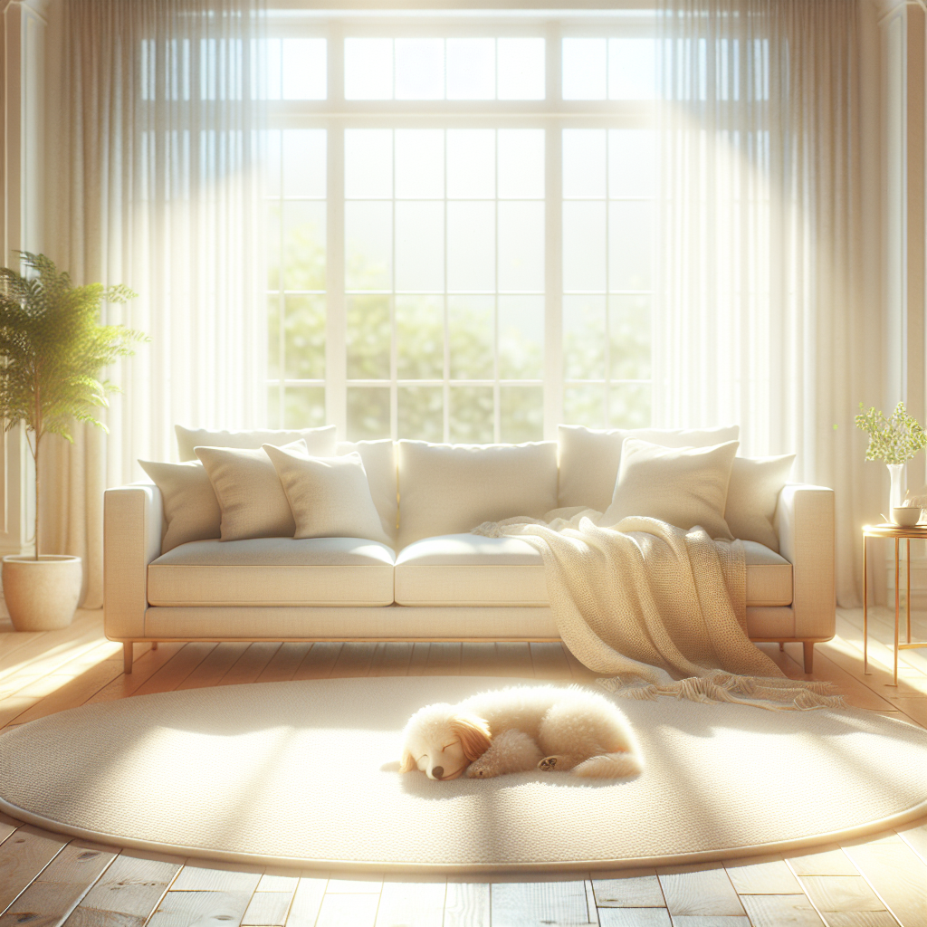 A bright, serene living room scene, filled with warm, soft sunlight streaming through a window. A comfortable, clean sofa and a pristine, light-colored rug are central. A small, peaceful house pet (like a sleeping dog or cat) is curled up on the rug. The atmosphere is visibly fresh and clean, with subtle hints of gentle, refreshing air, conveying an odor-free and inviting environment.