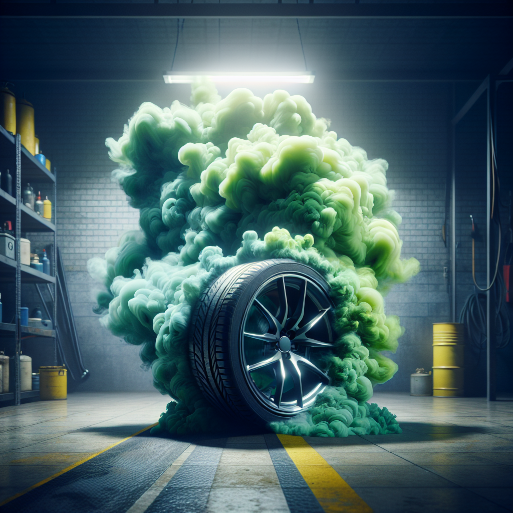 A visibly unpleasant, strong chemical smell, represented as a swirling, greenish-yellow cloud, emanating from a freshly cleaned car wheel in a somewhat enclosed garage. The atmosphere feels heavy and uncomfortable, with a subtle hint of frustration. Realistic photo, moody lighting.