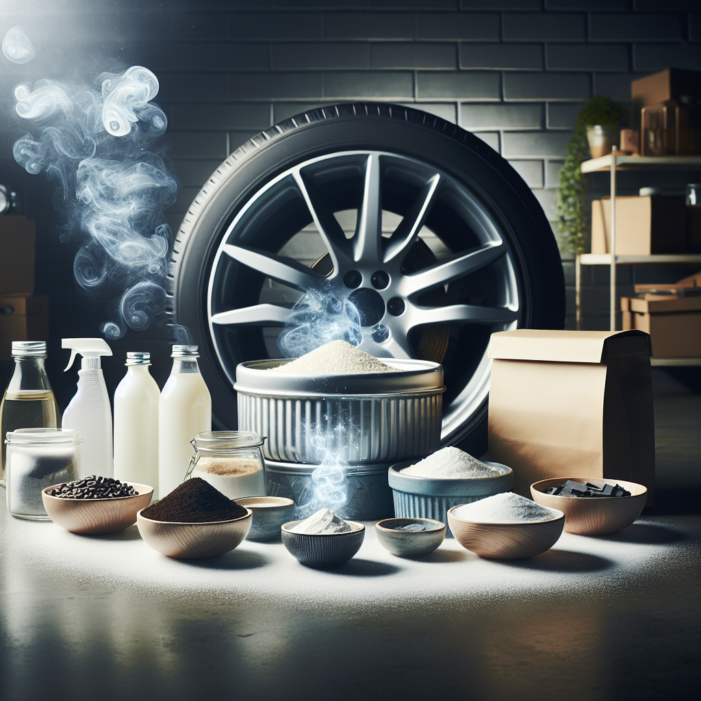 Household items like bowls of coffee grounds, a small dish of white vinegar, a box of baking soda, and a bag of activated charcoal are arranged around a car wheel in a clean garage. Subtle, fresh-smelling auras (light wisps) emanate from these items, symbolizing the active neutralization of chemical odors. Bright, well-lit photo, focus on freshness and air purification.