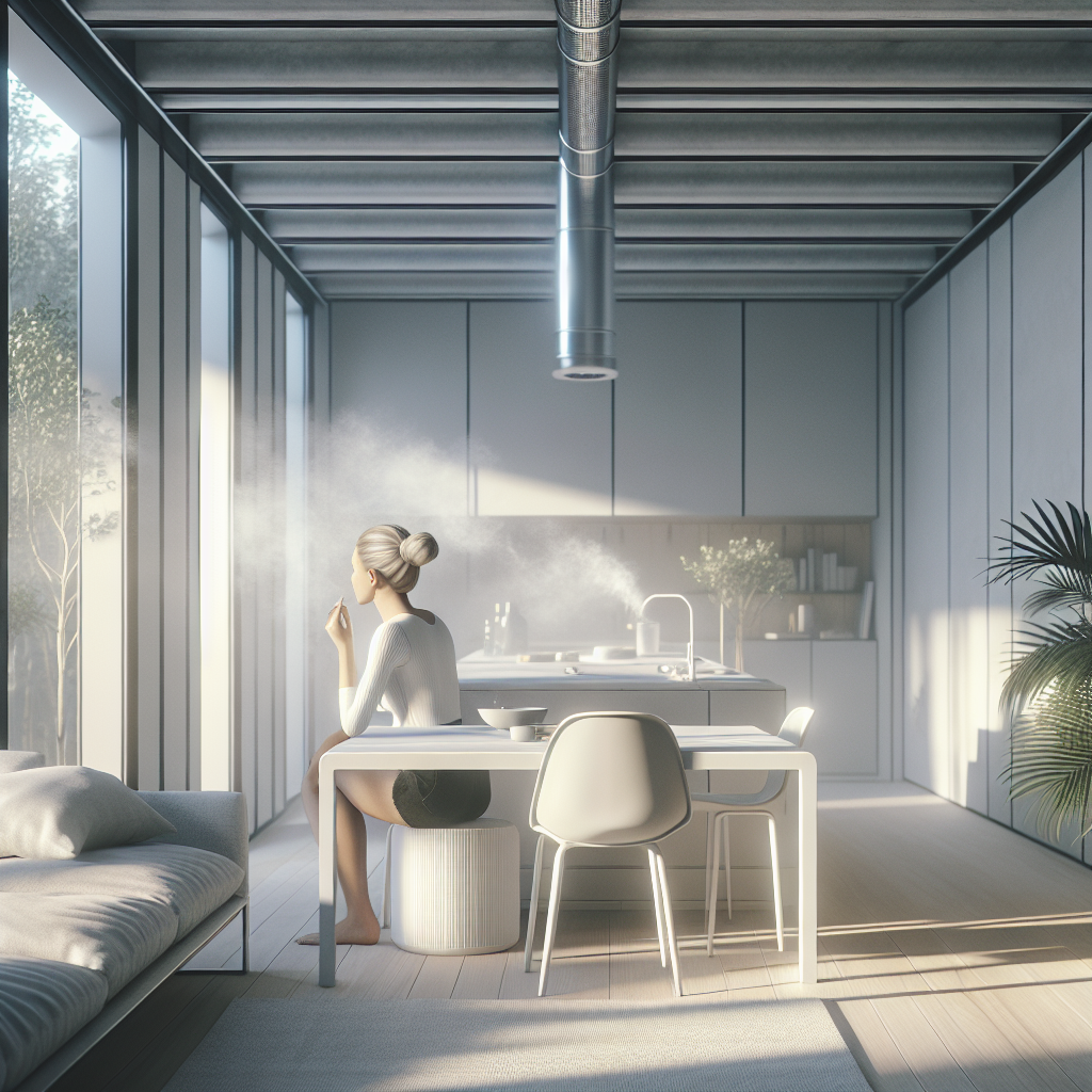 Minimalist interior of a modern prefabricated house, with a subtle, almost invisible haze in the air, hinting at an unpleasant chemical 'new construction' smell. A hand is subtly wafting the air or a person (back visible) is looking slightly concerned. The room is clean and new, but with an underlying sense of discomfort. Soft, muted light. Realistic, high detail.