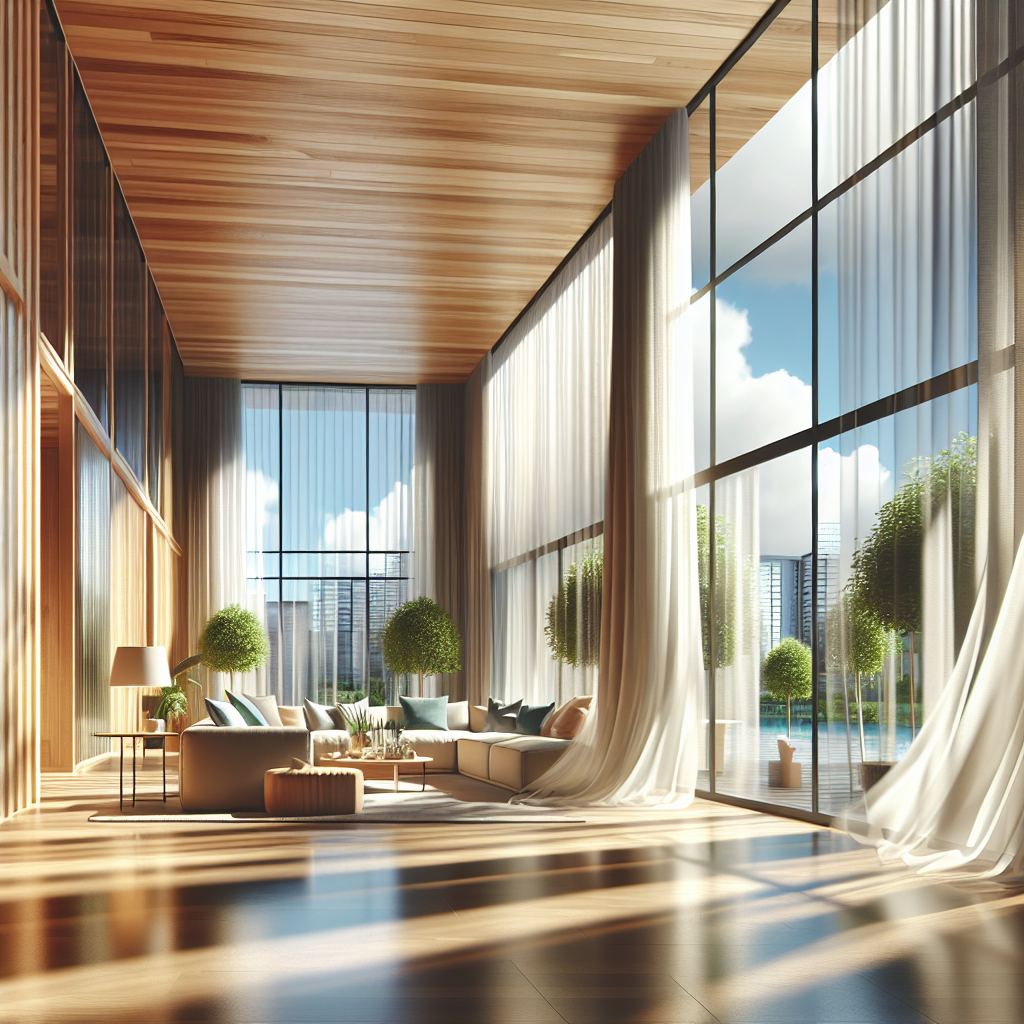 Bright and inviting interior of a modern prefabricated house. Large windows are wide open, letting in abundant natural light and fresh air, depicted by a soft breeze gently moving sheer curtains. The room feels clean, airy, and pleasantly fresh. A sense of calm and well-being. Modern architectural style. Realistic, high detail.