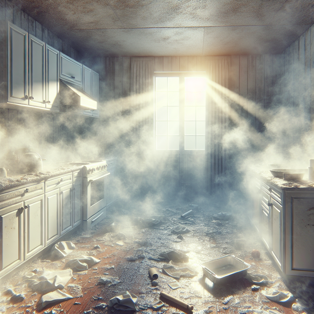 A realistic photo of a kitchen after a heavy cooking session. The air has a subtle, almost visible haziness, indicating a lingering, unpleasant grease smell. Sunlight attempts to stream through a window but appears muted by the atmosphere. There's a slight feeling of stale air, emphasizing the persistent odor. No people are present, focusing solely on the room's atmosphere.