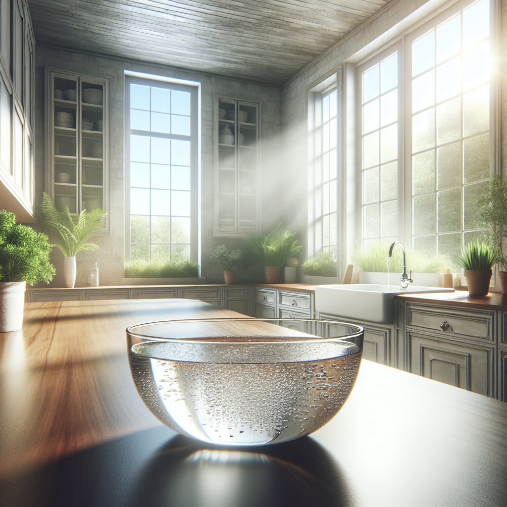 A bright and airy kitchen with wide-open windows allowing a fresh breeze and sunlight to flood the space. On a clean countertop, a small, elegant bowl containing clear liquid (representing vinegar water) sits prominently, symbolizing the natural method of neutralizing odors. The scene radiates cleanliness, freshness, and a sense of renewal, implying the successful removal of unpleasant smells. Realistic photo, vibrant and crisp.
