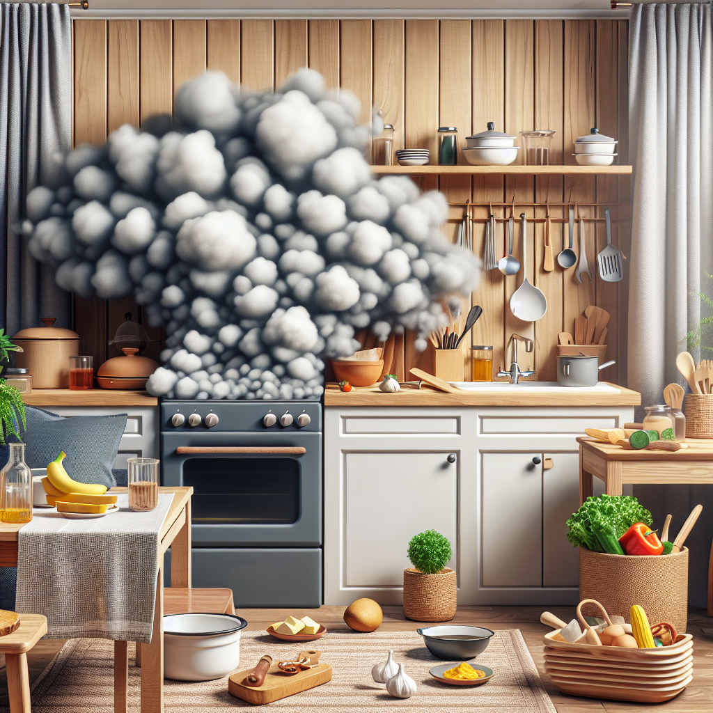 A cozy, slightly cluttered kitchen immediately after cooking, with a visible, stylized grey-yellow cloud representing a lingering, unpleasant grease smell permeating the air and clinging to fabric curtains and furniture. The scene should evoke a stuffy, stale atmosphere. Realistic photo.