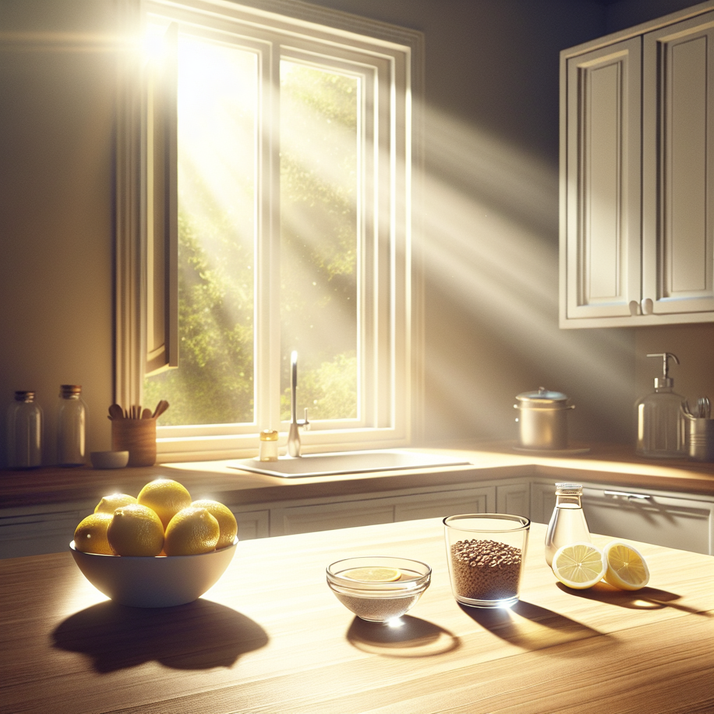 A bright, clean kitchen with an open window, showing fresh air streaming in. On a pristine wooden countertop, there's a simple arrangement: a bowl of freshly cut lemon slices, a small cup of ground coffee, and a clear glass of white vinegar, subtly emitting a clean, fresh aura. Sunlight fills the room. Realistic photo, inviting and fresh.
