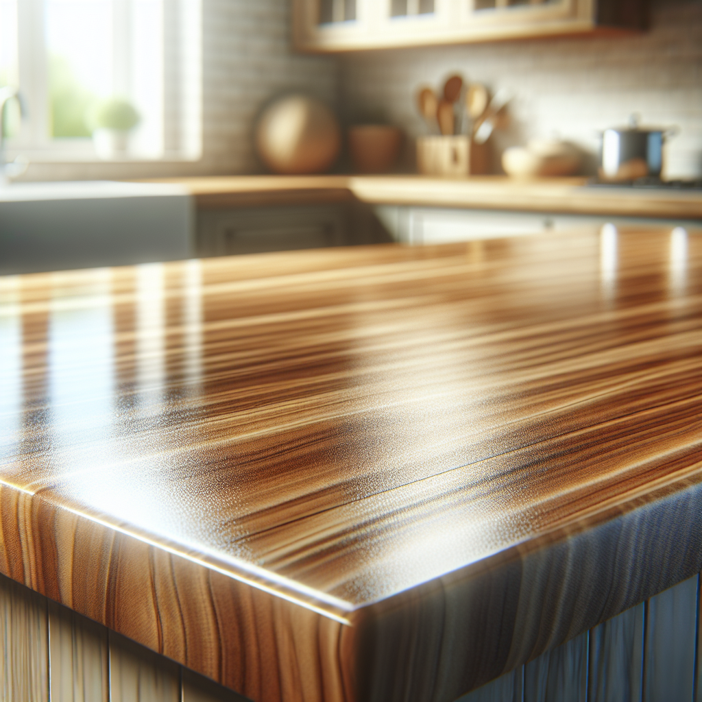 A pristine, beautifully clean wooden kitchen surface, possibly a countertop or a rustic table. The wood grain is prominent and has a healthy, natural sheen, reflecting soft, natural light. There are no stains or grease, only immaculate wood, emphasizing the successful cleaning process. Bright, inviting, high-resolution.