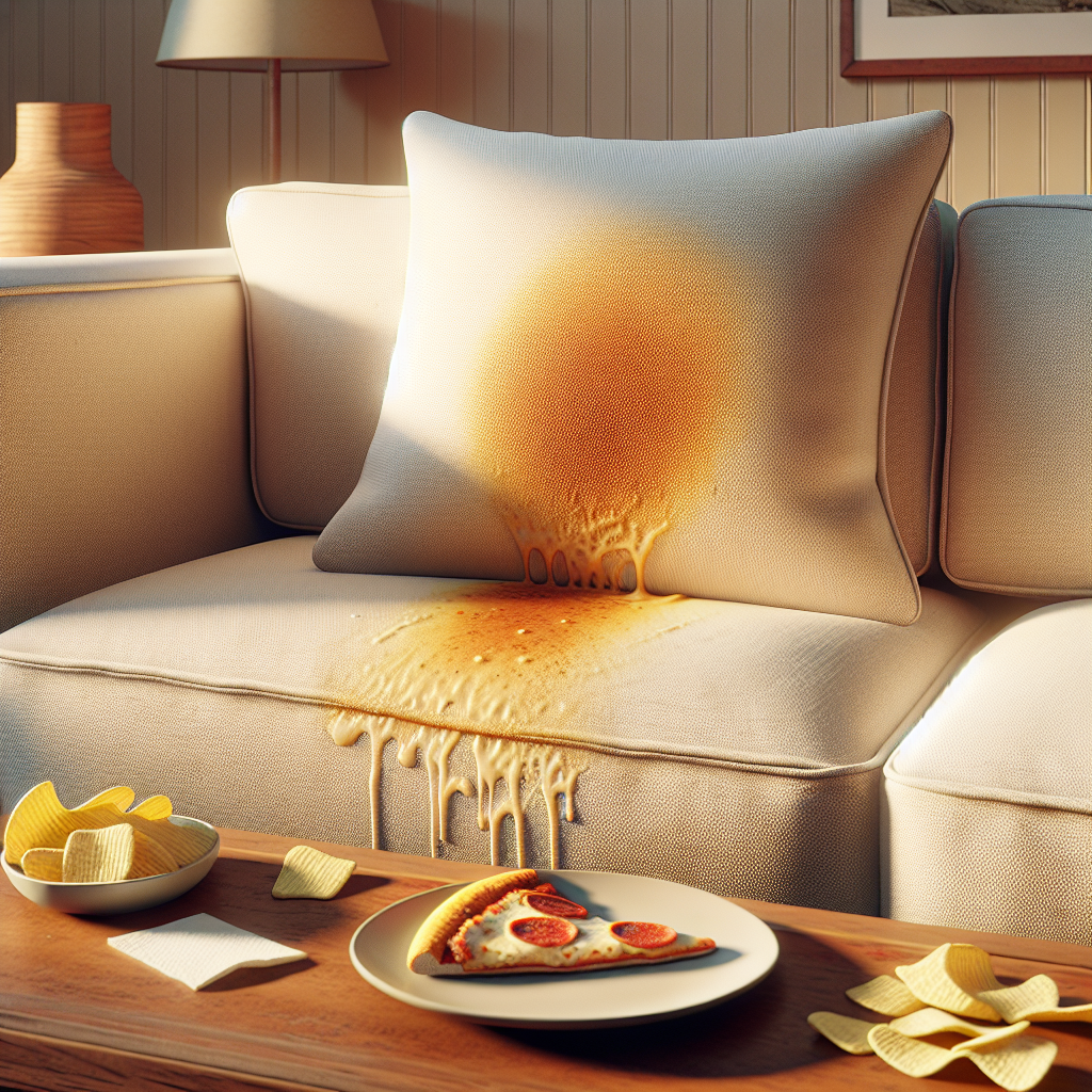 A close-up shot of a visible, fresh grease stain on a light-colored, upholstered couch cushion in a cozy living room. A partially eaten slice of pizza and a scattering of potato chips are visible on a nearby coffee table, suggesting the cause. Realistic style, soft lighting, high detail.