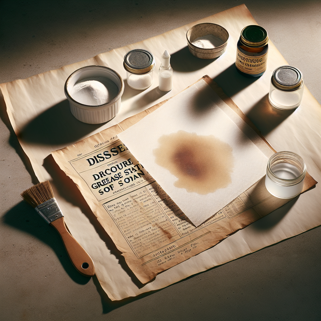 A close-up of a vintage document or an open book page with a prominent, unsightly grease stain on the paper. Next to it, subtly arranged, are small containers of baking soda or cornstarch, and a piece of clean blotting paper, conveying a sense of a home remedy solution. The lighting is soft and natural, emphasizing the texture of the paper and the stain. High detail, clean aesthetic, blog article style.