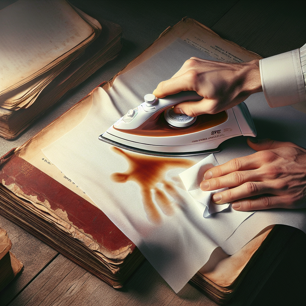 A top-down perspective, hyperrealistic image depicting a pair of hands carefully using a warm, small iron. Underneath the iron, a piece of white blotting paper is placed precisely over a visible grease stain on an open, aged book. The scene suggests a gentle, effective method for removing the stain, with soft lighting and focus on the practical action.