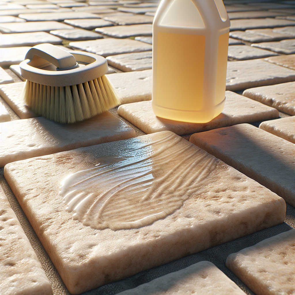 Close-up shot of a light-colored paving stone with a faded, almost invisible grease stain being actively removed. A generic scrub brush and an unbranded bottle of liquid soap are visible nearby. Bright outdoor lighting, realistic, high detail, focus on the paving stone surface.