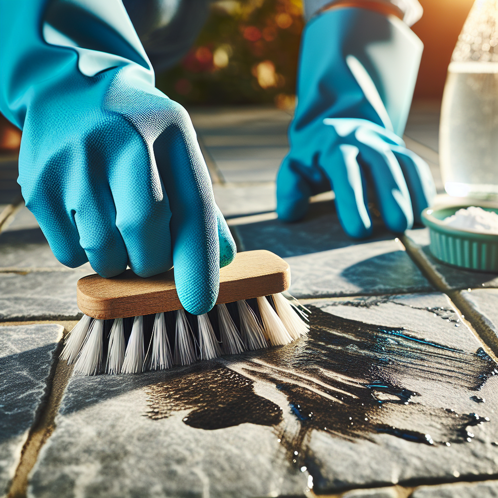 Action shot: A person's hands wearing blue gardening gloves are vigorously scrubbing a dark grease stain on a textured gray paving stone with a stiff bristled brush. A small bowl containing a white powder (representing baking soda) and a spray bottle are visible blurred in the background. Bright sunlight, realistic, high resolution, focus on the cleaning action.