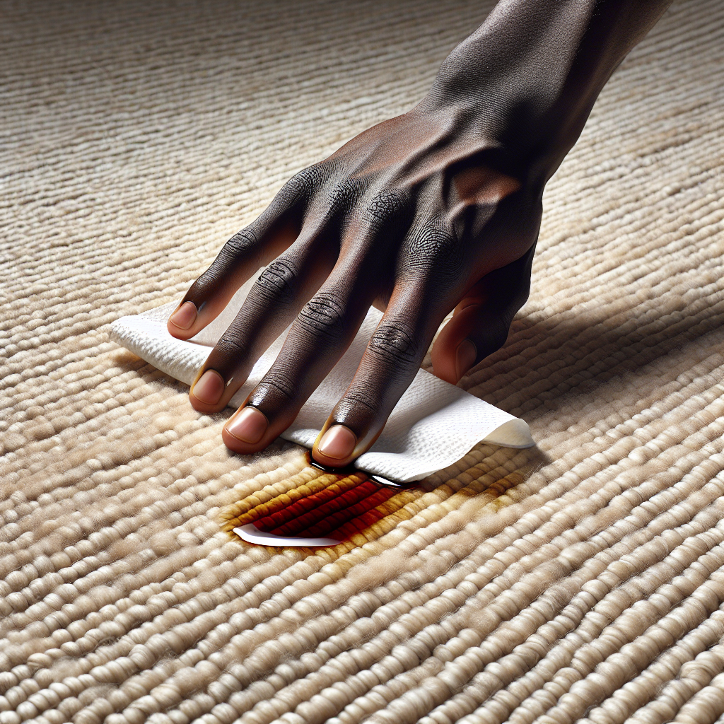 A detailed close-up shot of a fresh, shiny grease stain on a light beige, woven living room carpet. A hand, gently dabbing the stain with a clean, white paper towel, capturing the initial step of absorption. Soft, natural lighting highlights the carpet's texture and the urgency of the moment.