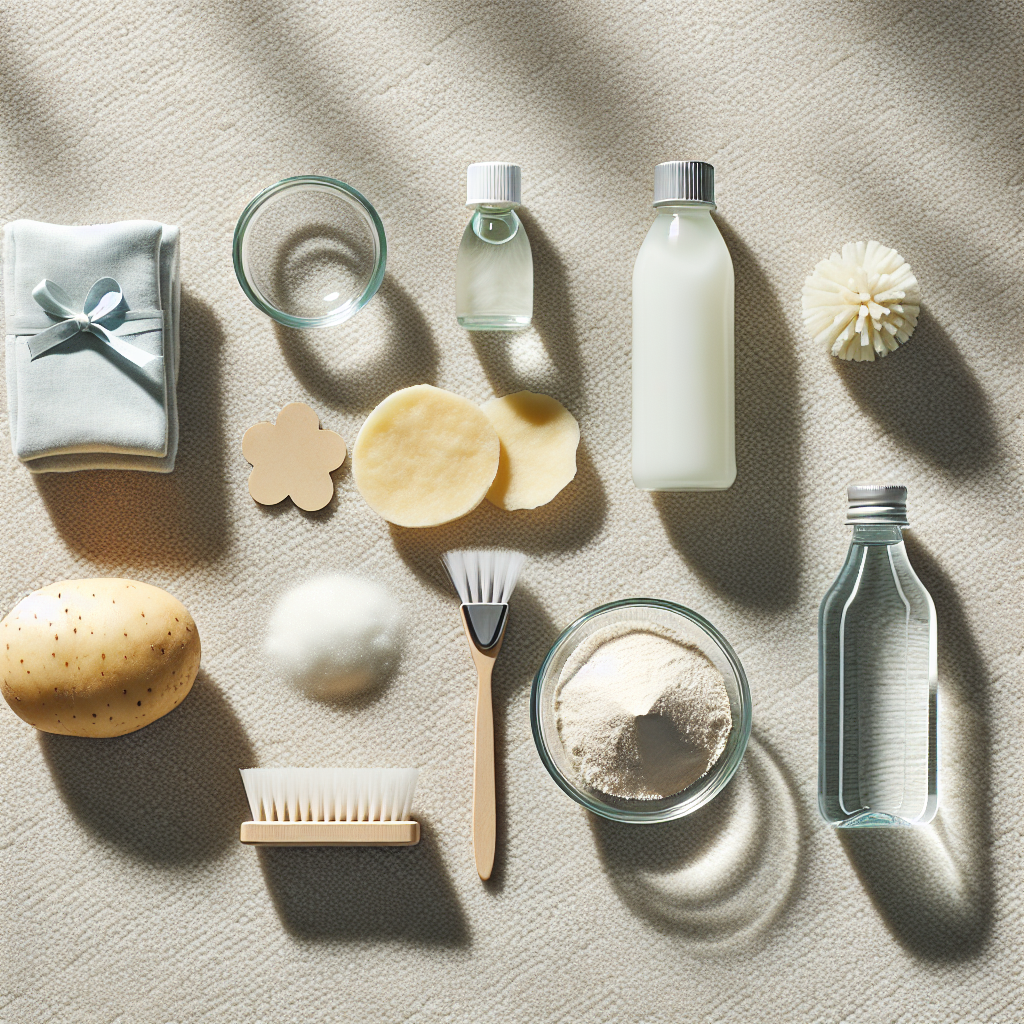 A beautifully composed flat lay image on a clean, light-colored carpet, showcasing various natural home remedies for stain removal. Neatly arranged are a small glass bowl of baking soda, a small pile of potato starch, a bottle of eco-friendly dish soap, a soft cleaning brush, and a clean microfiber cloth. Bright, airy aesthetic with subtle shadows.