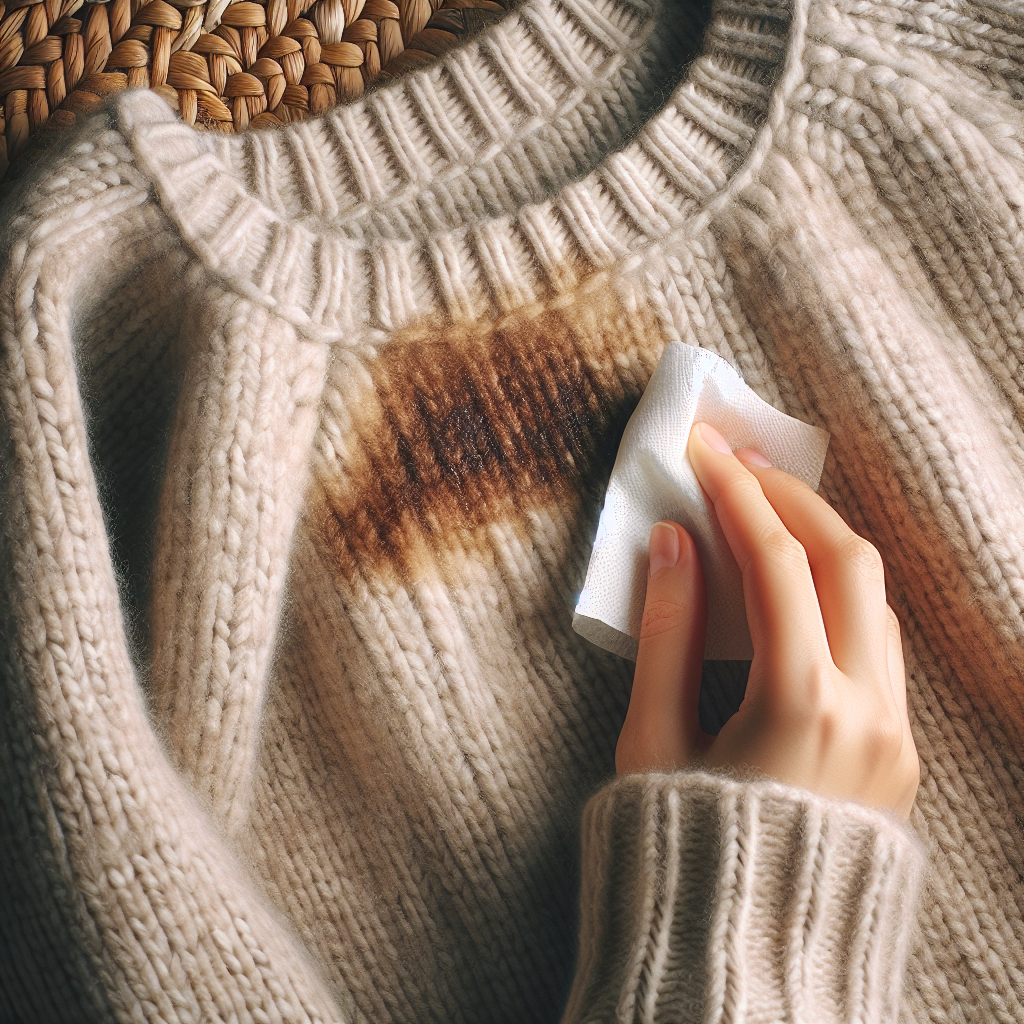 A close-up, top-down shot of a soft, cozy woolen sweater with a small, visible grease stain. A hand is gently dabbing the stain with a soft, white cloth or paper towel. The background is blurred, suggesting a clean, warm home environment. Soft, natural lighting. Realistic, high-detail.