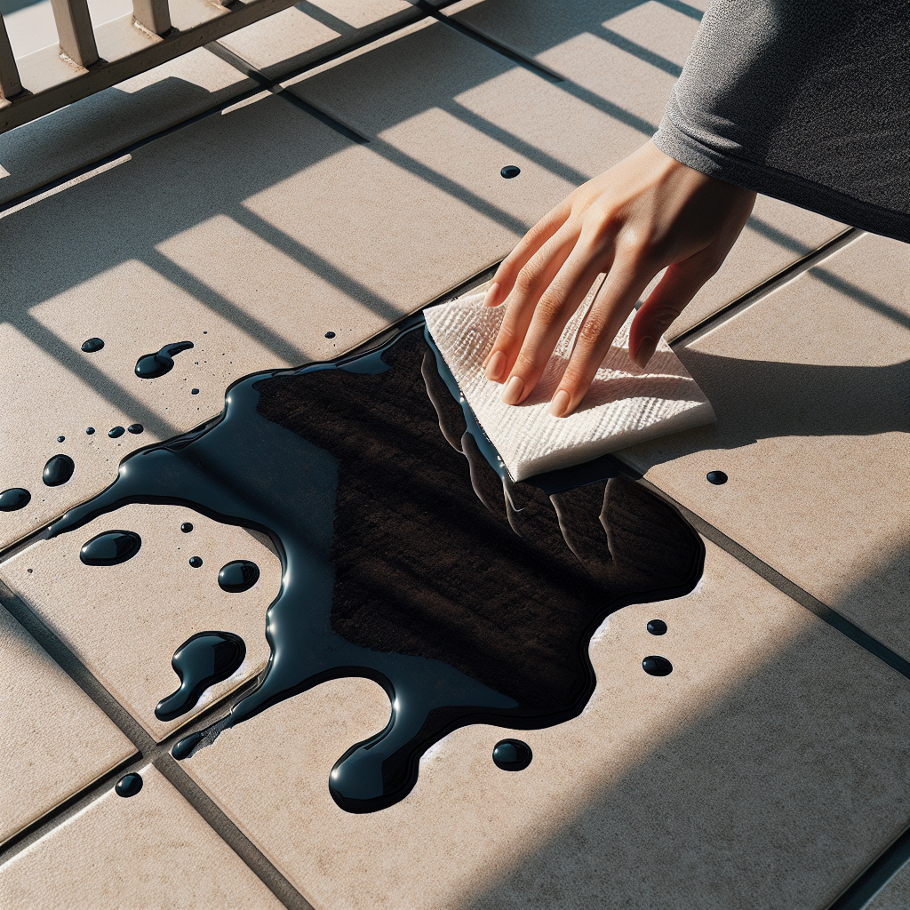 A close-up, eye-level shot of a fresh, dark grease stain on light-colored concrete balcony tiles. A hand is gently dabbing the stain with a white paper towel, showing immediate action. The scene is brightly lit by natural sunlight, highlighting the texture of the tiles and the liquid stain.