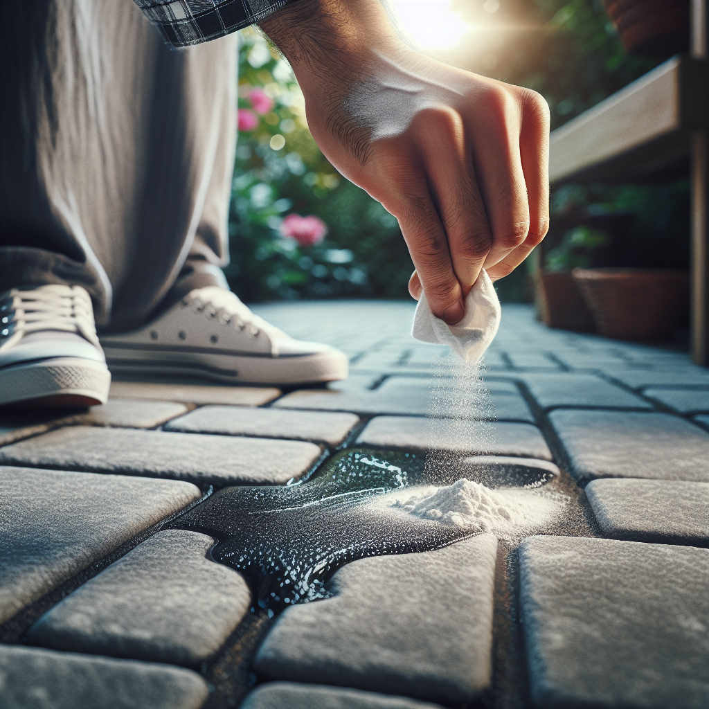 A close-up, eye-level shot of a dark, fresh grease stain on light grey interlocking paving stones outdoors. A hand is gently sprinkling white absorbent powder (like baking soda or cat litter) directly onto the stain, beginning to cover it. The background shows slightly blurred garden elements, indicating an outdoor setting. The lighting is natural daylight, highlighting the texture of the stones and the powder. The image should convey a sense of immediate action and a practical solution.
