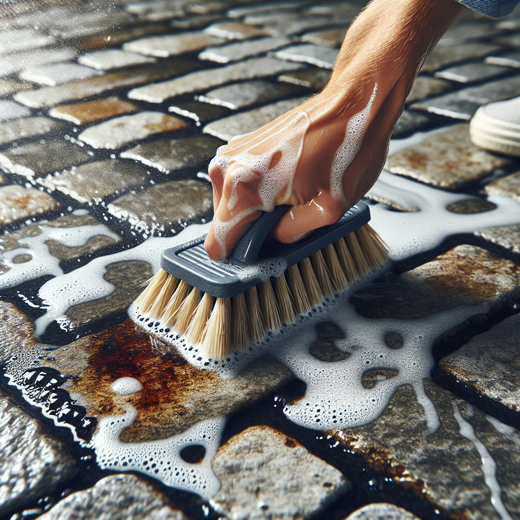 A close-up, action-oriented shot of a person's hand holding a sturdy scrubbing brush, vigorously cleaning an older grease stain on grey paving stones. There are visible soapy suds and droplets of hot water around the brush and the stain, indicating active cleaning. The paving stones are textured and weathered. The lighting is bright and natural, emphasizing cleanliness and effectiveness.