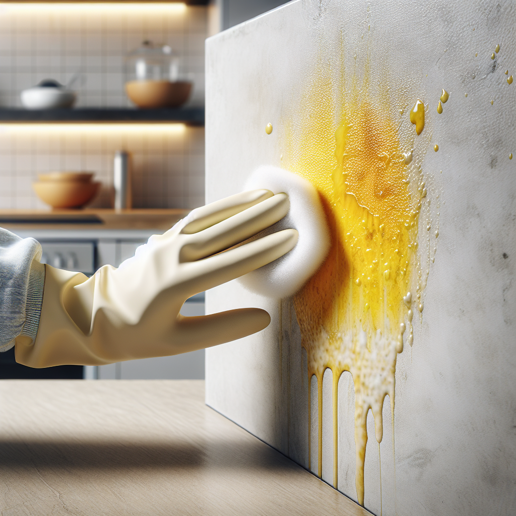 A close-up, realistic shot of a noticeable yellowish grease stain on a light-colored kitchen wall, possibly near a stovetop. A clean, gloved hand is gently dabbing the stain with a soft white sponge, creating a subtle foamy residue. The background is a slightly blurred modern kitchen setting. High detail, natural lighting.