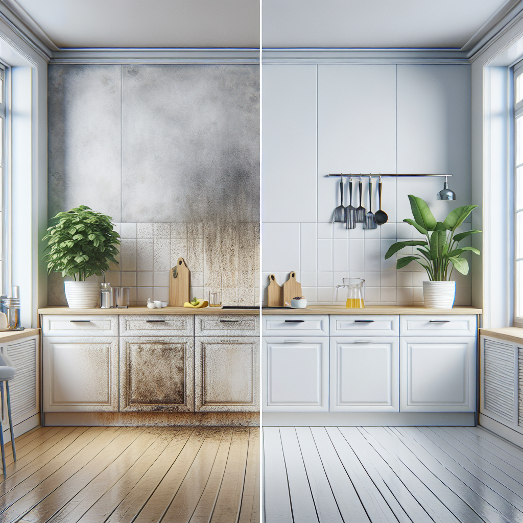 A split image (duplex style) showing a 'before and after' comparison of a kitchen wall. On the left side, a prominent grease stain darkens a section of the light-colored wall. On the right side, the exact same area of the wall is immaculately clean and pristine, free of any blemishes. The overall kitchen setting is modern and bright. Realistic, high resolution.